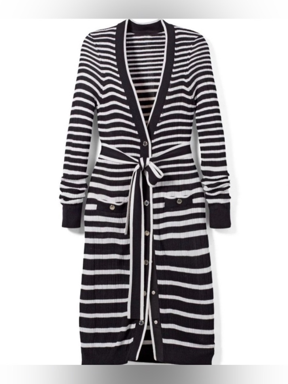 WHBM Striped Light Weight Knit Midi Button Down Tie Waist Dress Black White S